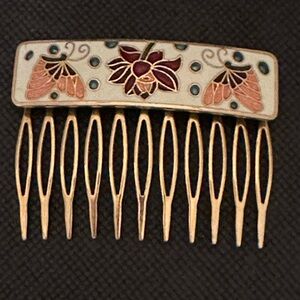 Floral Enamel Hair Comb with Gold and Cream Accents Vintage